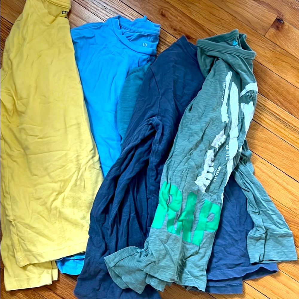 5 long sleeve Jcrew Crewcuts size 10 shirts.  4 solid one dinosaur.